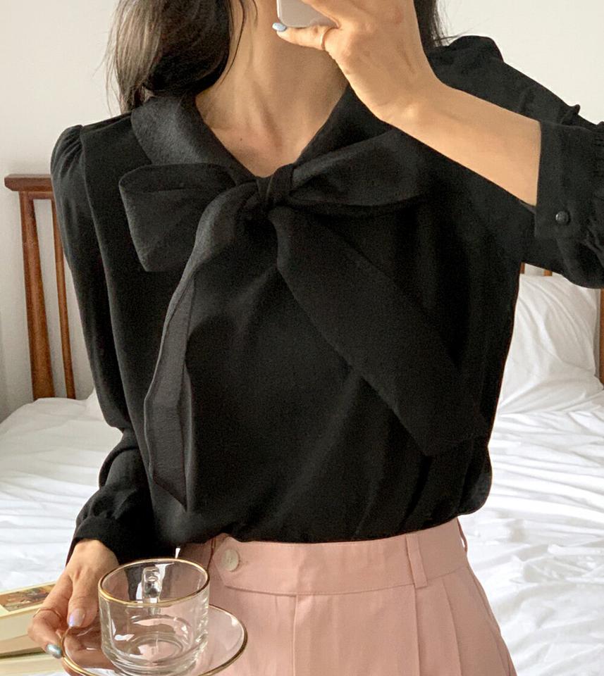 シースルータイブラウス・全2色・t65336 レディース 【bl】韓国ファッション トップス ブラウス 長袖 ラウンドネック シースルー タイ ギャザー パフスリーブ 無地 シンプル カジュアル フェミニン ガーリー 学校行事 オフィスカジュアル 春 秋 冬