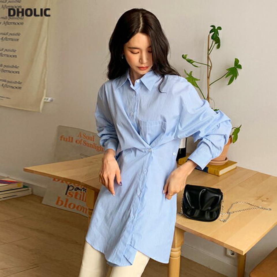 2TYPEボタン2WAYシャツ・全3色・t65364 レディース 【bl】韓国ファッション トップス シャツ 長袖 カラーネック ボタン ルーズ ラップ風 パッチポケット 無地 ストライプ シンプル カジュアル フェミニン 体型カバー ガーリー 春 秋 冬