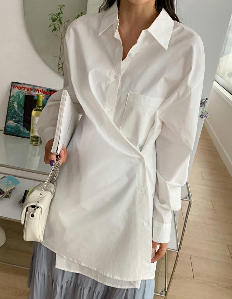 2TYPEボタン2WAYシャツ・全3色・t65364 レディース 【bl】韓国ファッション トップス シャツ 長袖 カラーネック ボタン ルーズ ラップ風 パッチポケット 無地 ストライプ シンプル カジュアル フェミニン 体型カバー ガーリー 春 秋 冬