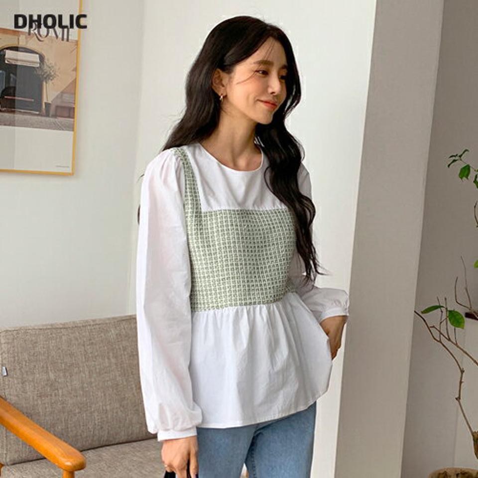 ツイード配色フレアブラウス・全2色・b65338 レディース 【bl】韓国ファッション トップス ブラウス 長袖 ラウンドネック ツイード レイヤード風 配色 フレア シンプル カジュアル フェミニン 体型カバー ガーリー 春 秋 冬