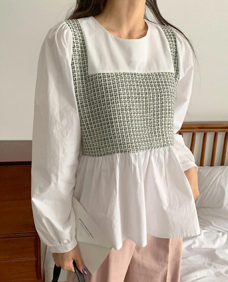 ツイード配色フレアブラウス・全2色・b65338 レディース 【bl】韓国ファッション トップス ブラウス 長袖 ラウンドネック ツイード レイヤード風 配色 フレア シンプル カジュアル フェミニン 体型カバー ガーリー 春 秋 冬