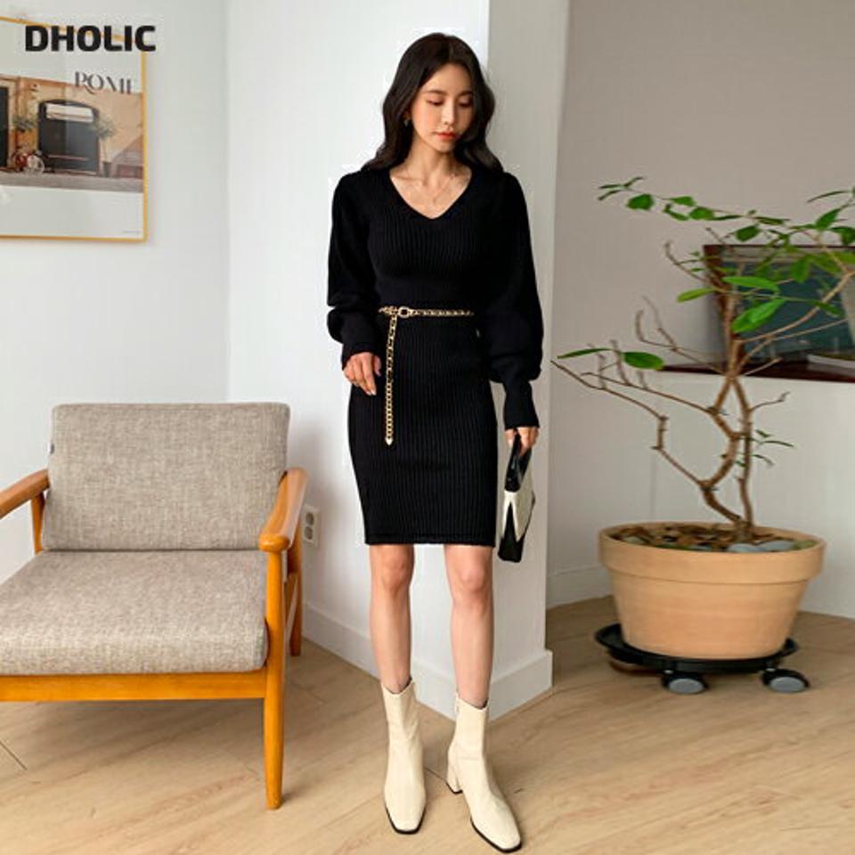 パフVネックニットワンピース・全3色・b65366 レディース 【ops】韓国ファッション ワンピース ミニ ミニワンピース 長袖 Vネック リブ スリム ニットワンピース パフ ミニ丈 シンプル ガーリー 体型カバー フェミニン カジュアル 秋 冬