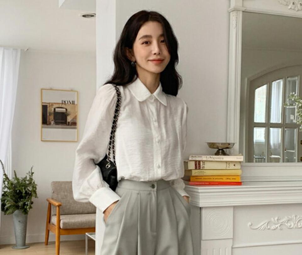 タイ付パール調ボタンシルキーブラウス・全2色・b65335 レディース 【bl】韓国ファッション トップス ブラウス 長袖 カラーネック タイ付 パール調 ボタン シルキー 無地 シンプル カジュアル フェミニン ガーリー 春 秋 冬