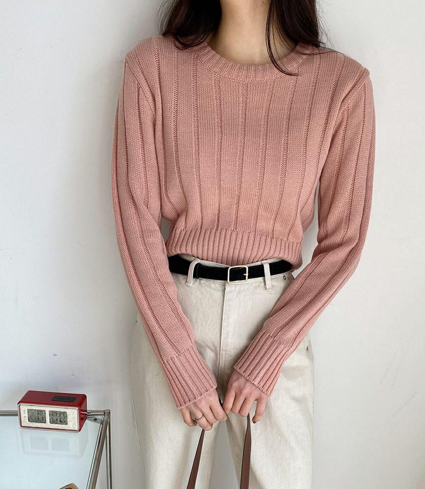 リブクロップドニット・全5色・t01954 レディース 【tops】韓国ファッション トップス ニット 長袖 ラウンドネック リブ クロップド丈 テクスチャー フェミニン シンプル カラーニット カジュアル 秋 冬 NIJU