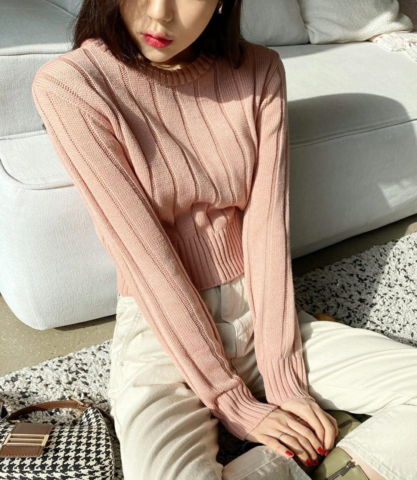 リブクロップドニット・全5色・t01954 レディース 【tops】韓国ファッション トップス ニット 長袖 ラウンドネック リブ クロップド丈 テクスチャー フェミニン シンプル カラーニット カジュアル 秋 冬 NIJU