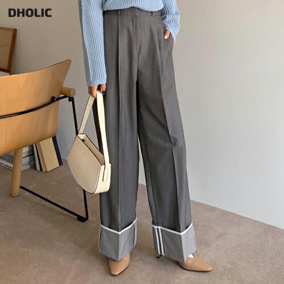 配色ラインロールアップワイドスラックス・全2色・t00142 レディース 【pt】韓国ファッション ボトムス ロング ロングパンツ スラックスパンツ スラックス 配色 ロールアップ ワイド ストレート シンプル 体型カバー フェミニン カジュアル 秋 冬