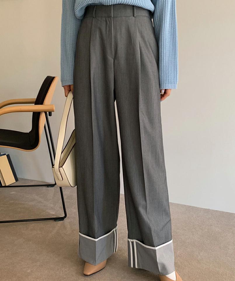配色ラインロールアップワイドスラックス・全2色・t00142 レディース 【pt】韓国ファッション ボトムス ロング ロングパンツ スラックスパンツ スラックス 配色 ロールアップ ワイド ストレート シンプル 体型カバー フェミニン カジュアル 秋 冬