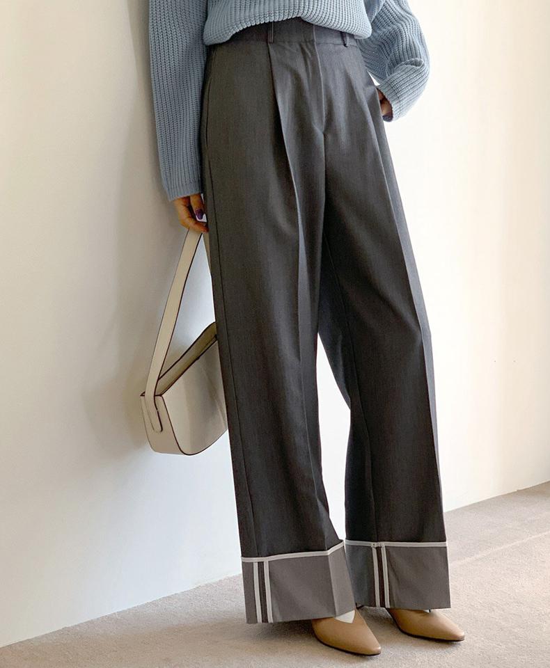 配色ラインロールアップワイドスラックス・全2色・t00142 レディース 【pt】韓国ファッション ボトムス ロング ロングパンツ スラックスパンツ スラックス 配色 ロールアップ ワイド ストレート シンプル 体型カバー フェミニン カジュアル 秋 冬