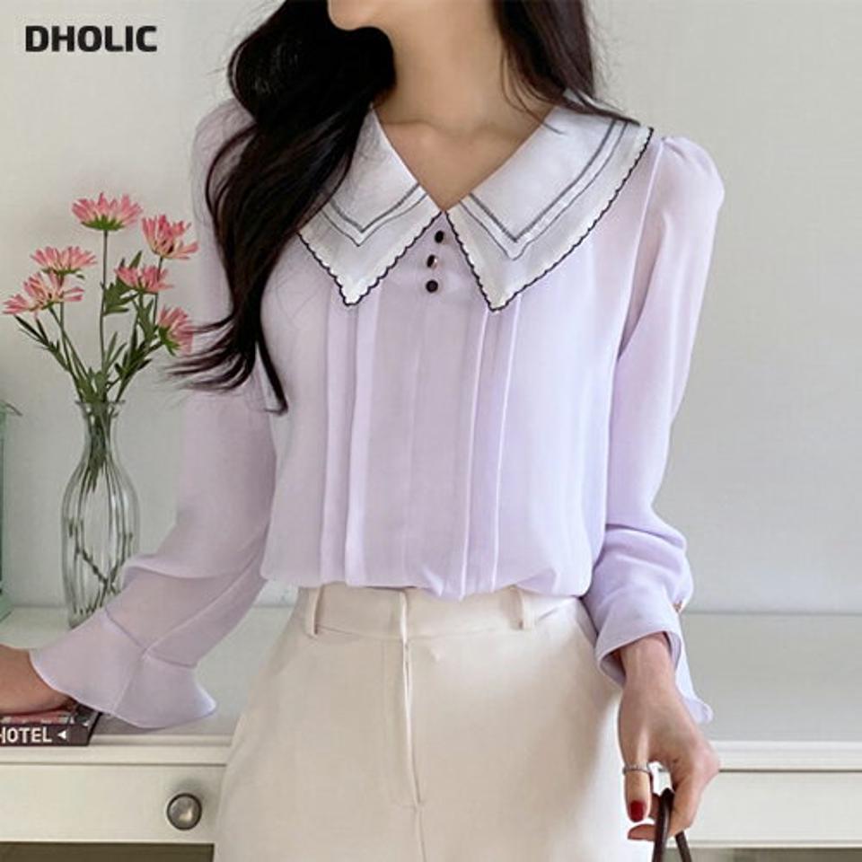 刺繍カラーブラウス・全4色・t01981 レディース 【bl】韓国ファッション トップス ブラウス 長袖 Vネック カラー 刺繍 パフスリーブ 大人 シンプル フェミニン 上品 体型カバー 細身 ガーリー カジュアル 春 秋 冬 NIJU