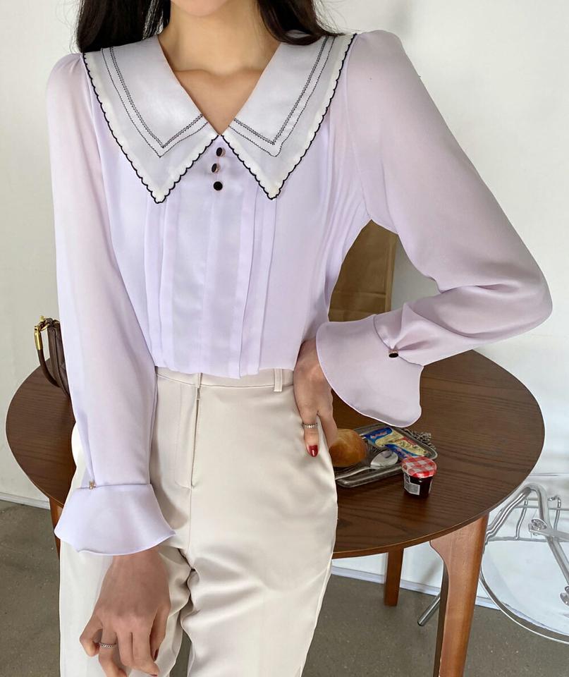 刺繍カラーブラウス・全4色・t01981 レディース 【bl】韓国ファッション トップス ブラウス 長袖 Vネック カラー 刺繍 パフスリーブ 大人 シンプル フェミニン 上品 体型カバー 細身 ガーリー カジュアル 春 秋 冬 NIJU