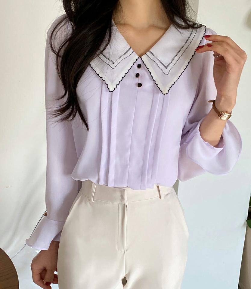 刺繍カラーブラウス・全4色・t01981 レディース 【bl】韓国ファッション トップス ブラウス 長袖 Vネック カラー 刺繍 パフスリーブ 大人 シンプル フェミニン 上品 体型カバー 細身 ガーリー カジュアル 春 秋 冬 NIJU