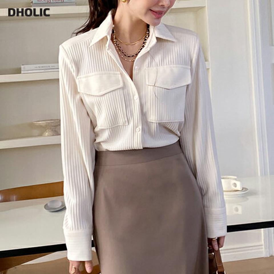 プリーツフラップポケットシャツ・全3色・t00079 レディース 【bl】トップス シャツ 長袖 プリーツ シンプル 大人 きれいめ フェミニン 春 秋 韓国ファッション ハイホリHIHOLLI