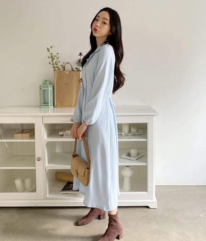 リボンフレアシャツワンピース・全3色・t01959 レディース 【ops】韓国ファッション ワンピース ロングワンピース 長袖 リボン フレア シャツワンピース ロング丈 無地 パステル シンプル 体型カバー カジュアル ガーリー フェミニン 秋 冬 NIJU