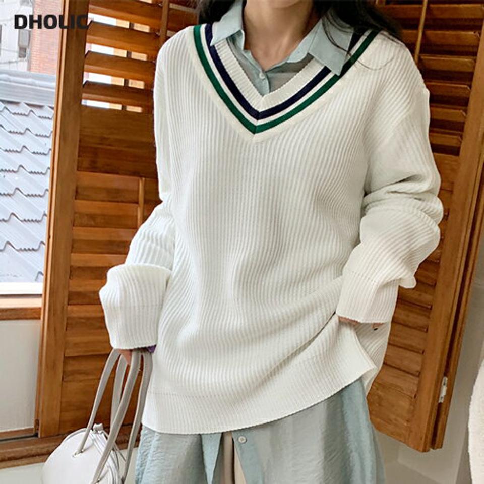 配色ラインロングニット・全4色・a00168 レディース 【tops】韓国ファッション トップス ニット 大人 長袖 Vネック 配色ライン ロングニット ドロップショルダー シンプル 体型カバー フェミニン カジュアル デイリー 秋 冬