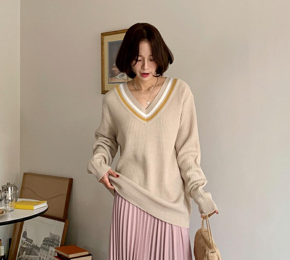 配色ラインロングニット・全4色・a00168 レディース 【tops】韓国ファッション トップス ニット 大人 長袖 Vネック 配色ライン ロングニット ドロップショルダー シンプル 体型カバー フェミニン カジュアル デイリー 秋 冬