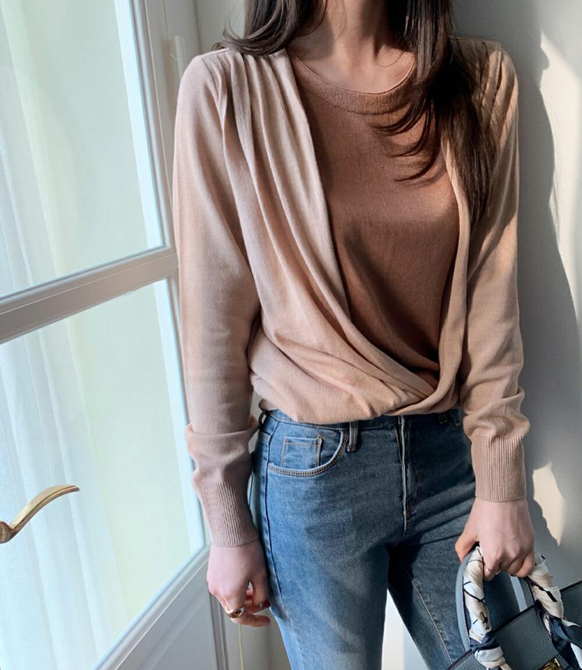 レイヤード風ラップニット・全3色・b00081 レディース 【tops】トップス ニット 長袖 ラップデザイン シンプル ギャザー カジュアル 大人 ラフ ラウンドネック Vネック 配色 春 秋 冬 韓国ファッション ハイホリHIHOLLI