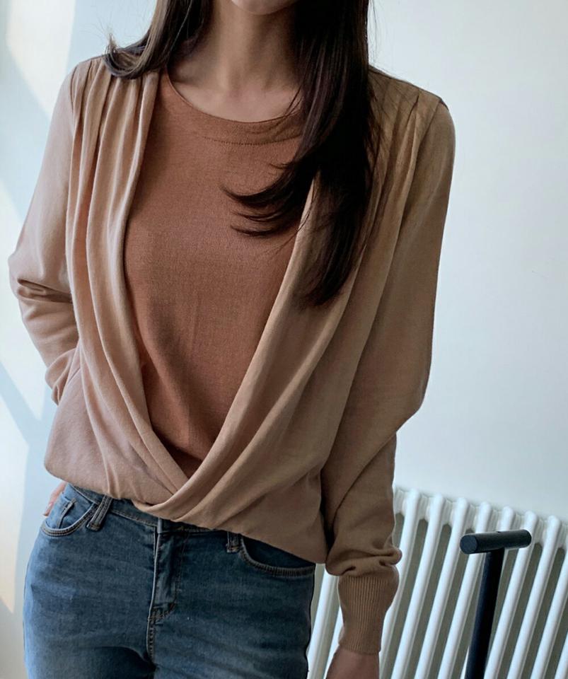 レイヤード風ラップニット・全3色・b00081 レディース 【tops】トップス ニット 長袖 ラップデザイン シンプル ギャザー カジュアル 大人 ラフ ラウンドネック Vネック 配色 春 秋 冬 韓国ファッション ハイホリHIHOLLI