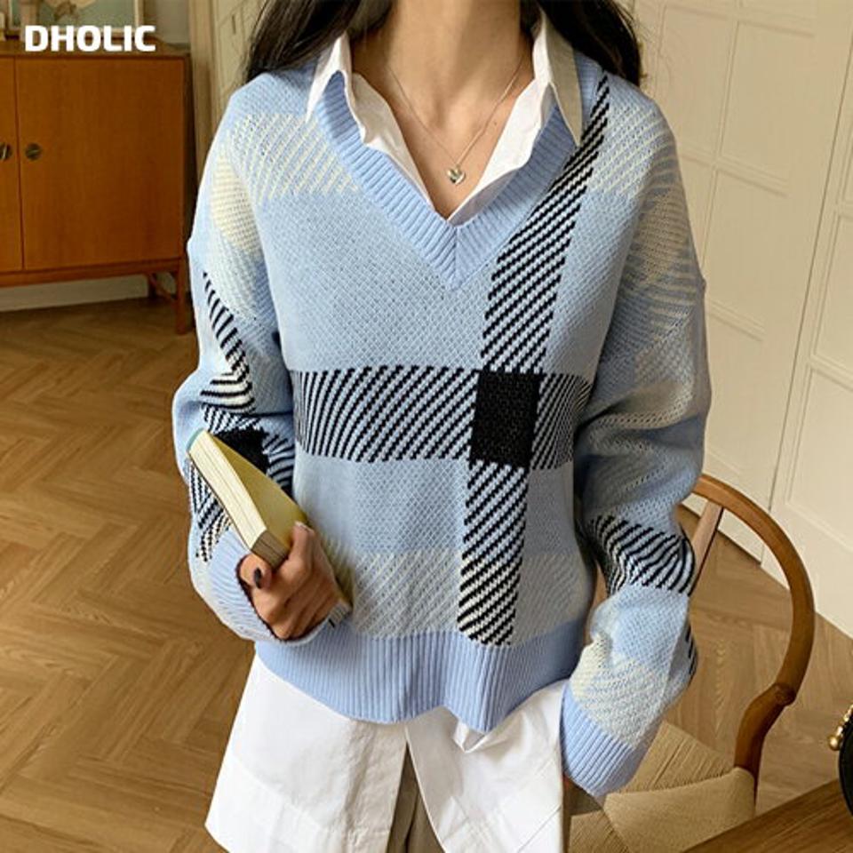 チェックVネックニット・全3色・t00177 レディース 【tops】韓国ファッション トップス ニット 大人 長袖 Vネック チェック柄 ドロップショルダー シンプル 体型カバー フェミニン カジュアル デイリー 秋 冬