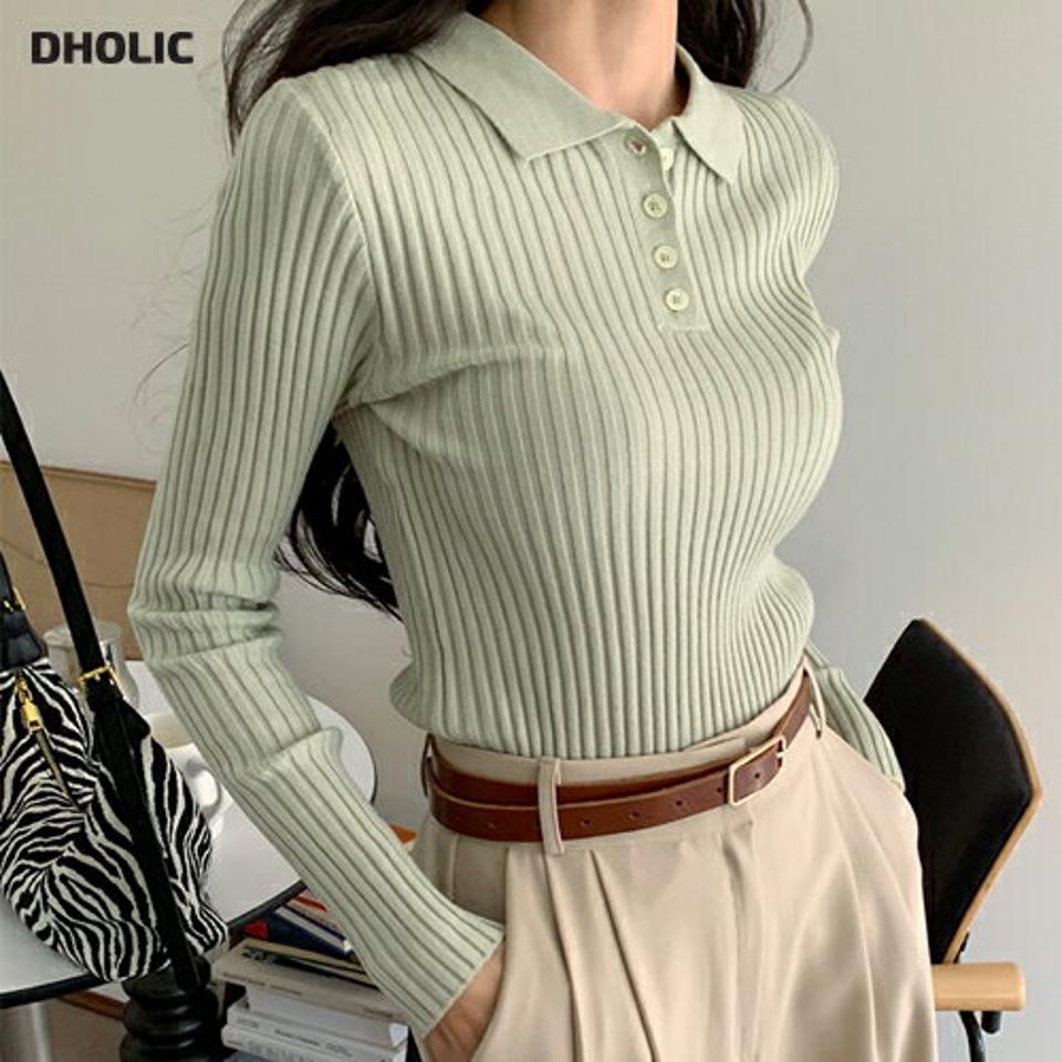 ポロカラーリブニット・全6色・t00164 レディース 【tops】韓国ファッション トップス ニット 大人 長袖 カラーネック ポロ スリム カラーニット 異素材 無地 シンプル 体型カバー フェミニン カジュアル デイリー 秋 冬