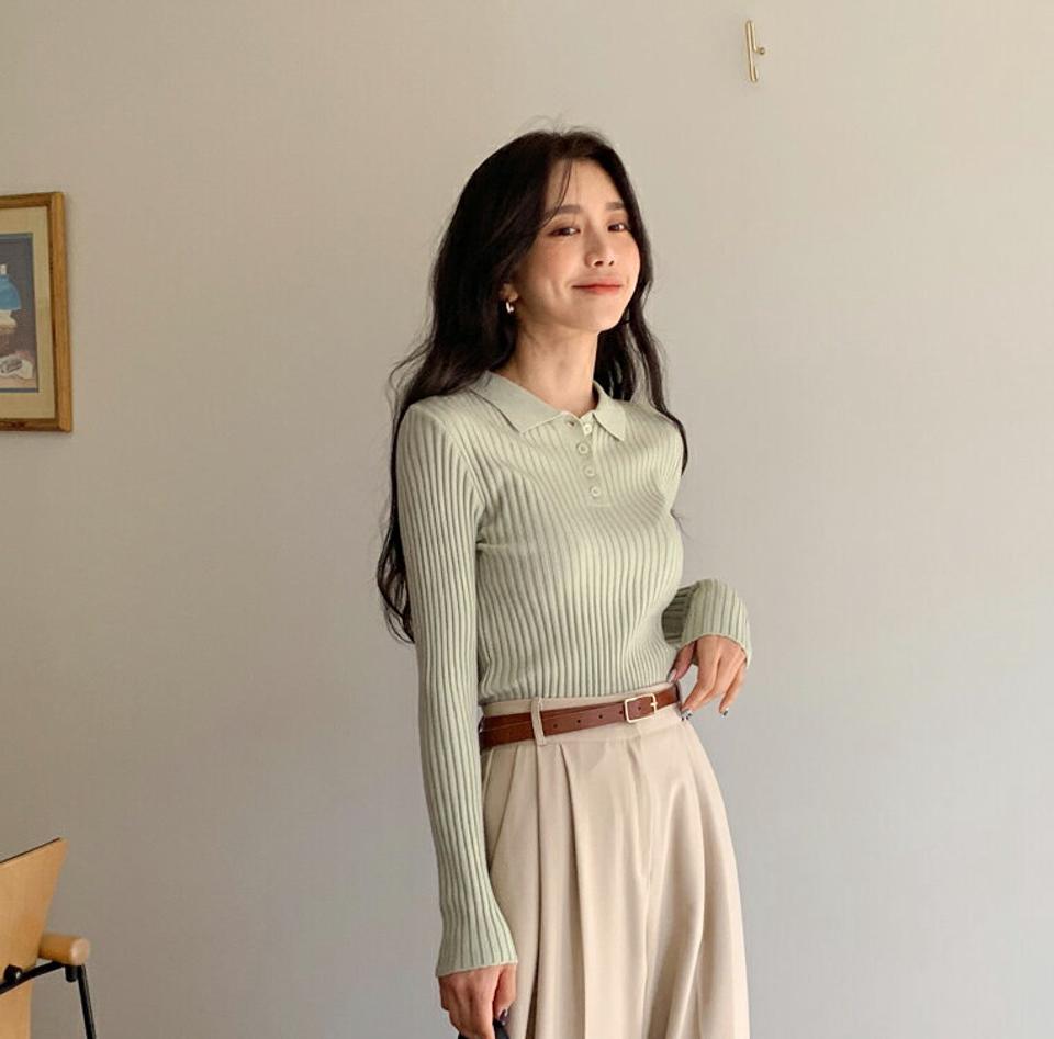 ポロカラーリブニット・全6色・t00164 レディース 【tops】韓国ファッション トップス ニット 大人 長袖 カラーネック ポロ スリム カラーニット 異素材 無地 シンプル 体型カバー フェミニン カジュアル デイリー 秋 冬