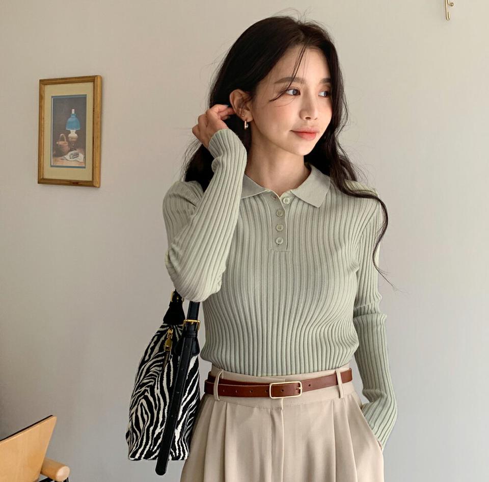 ポロカラーリブニット・全6色・t00164 レディース 【tops】韓国ファッション トップス ニット 大人 長袖 カラーネック ポロ スリム カラーニット 異素材 無地 シンプル 体型カバー フェミニン カジュアル デイリー 秋 冬