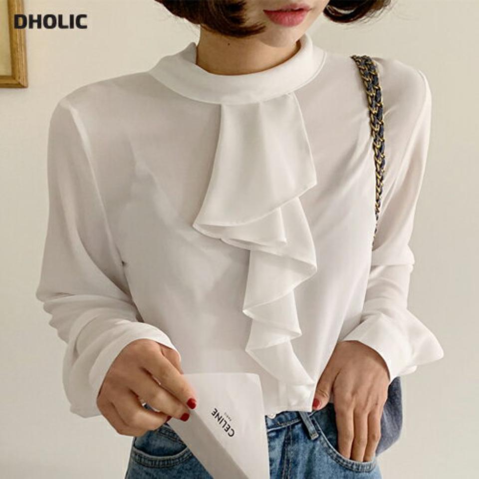 ハーフネックラッフルシフォンブラウス・全3色・t00159 レディース 【bl】韓国ファッション トップス ブラウス 長袖 ハーフネック ラッフル シフォン ボタン 無地 シンプル カジュアル フェミニン 体型カバー ガーリー 春 秋 冬