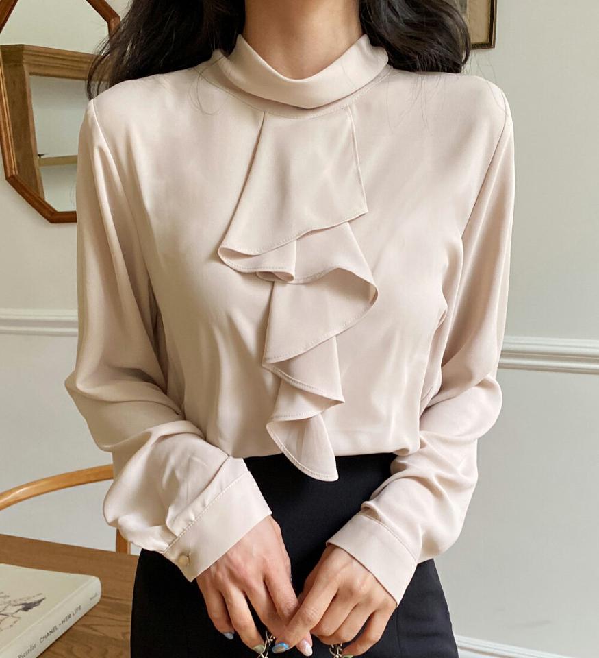 ハーフネックラッフルシフォンブラウス・全3色・t00159 レディース 【bl】韓国ファッション トップス ブラウス 長袖 ハーフネック ラッフル シフォン ボタン 無地 シンプル カジュアル フェミニン 体型カバー ガーリー 春 秋 冬