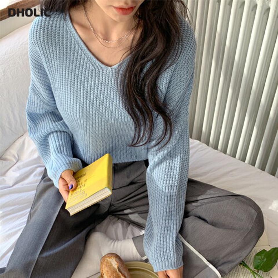 Vネックルーズニット・全6色・t00157 レディース 【tops】韓国ファッション トップス 大人 長袖 Vネック ルーズ ドロップショルダー クロップド丈 カラーニット パステル 無地 ベーシック シンプル 体型カバー フェミニン デイリー 秋 冬