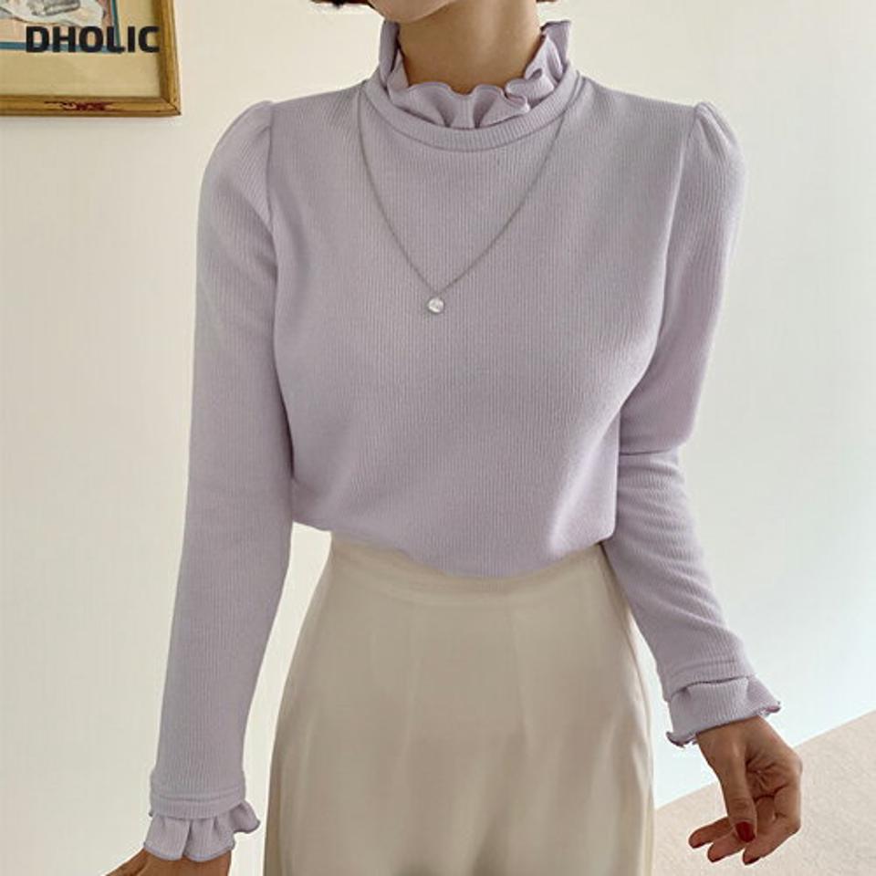 フリルハーフネックTシャツ・全4色・t00166 レディース 【tops】韓国ファッション トップス Tシャツ 大人 長袖 ハーフネック フリル モダン パフスリーブ 無地 シンプル スリム 体型カバー 細身 フェミニン カジュアル 秋 冬