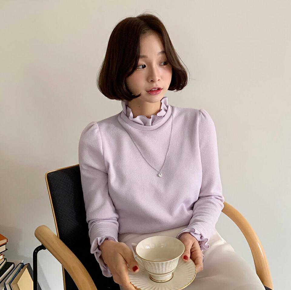 フリルハーフネックTシャツ・全4色・t00166 レディース 【tops】韓国ファッション トップス Tシャツ 大人 長袖 ハーフネック フリル モダン パフスリーブ 無地 シンプル スリム 体型カバー 細身 フェミニン カジュアル 秋 冬