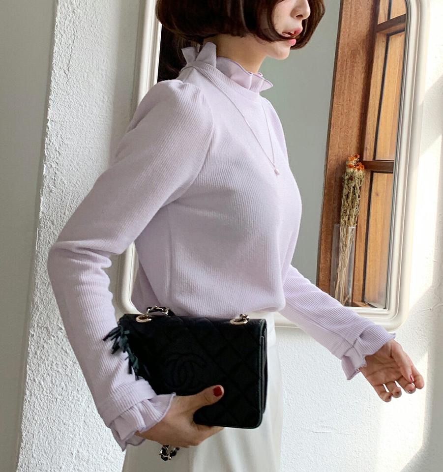 フリルハーフネックTシャツ・全4色・t00166 レディース 【tops】韓国ファッション トップス Tシャツ 大人 長袖 ハーフネック フリル モダン パフスリーブ 無地 シンプル スリム 体型カバー 細身 フェミニン カジュアル 秋 冬