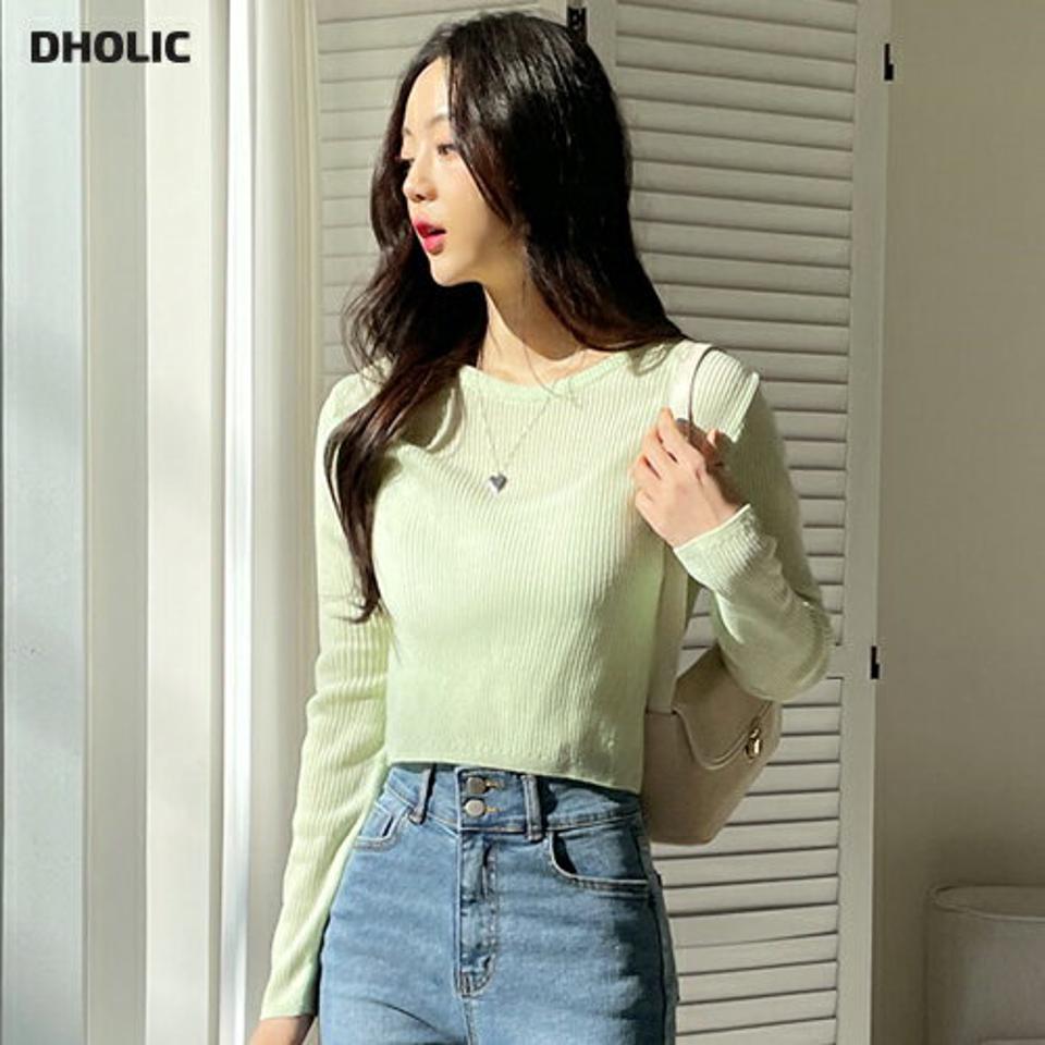 クロップドパンチングリブニット ・全5色・t01952 レディース 【tops】韓国ファッション トップス ニット 長袖 ラウンドネック クロップド丈 パンチング パステル リブ フェミニン 無地 ベーシック シンプル デイリー 体型カバー 秋 冬 NIJU