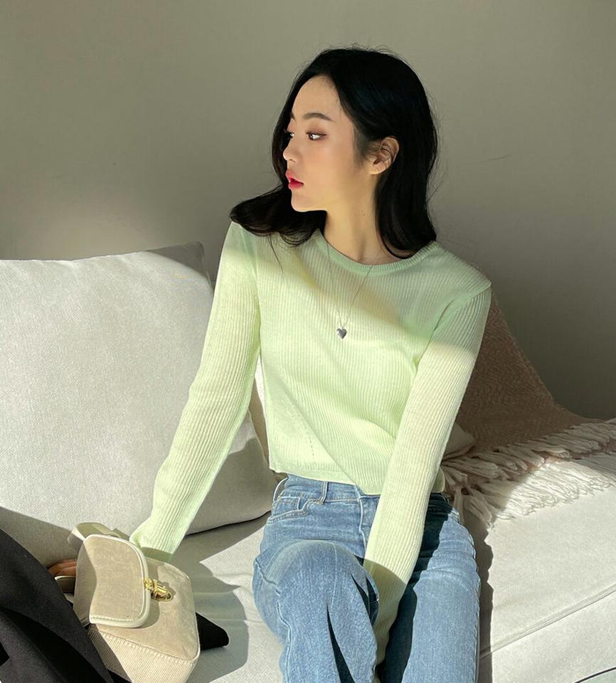 クロップドパンチングリブニット ・全5色・t01952 レディース 【tops】韓国ファッション トップス ニット 長袖 ラウンドネック クロップド丈 パンチング パステル リブ フェミニン 無地 ベーシック シンプル デイリー 体型カバー 秋 冬 NIJU