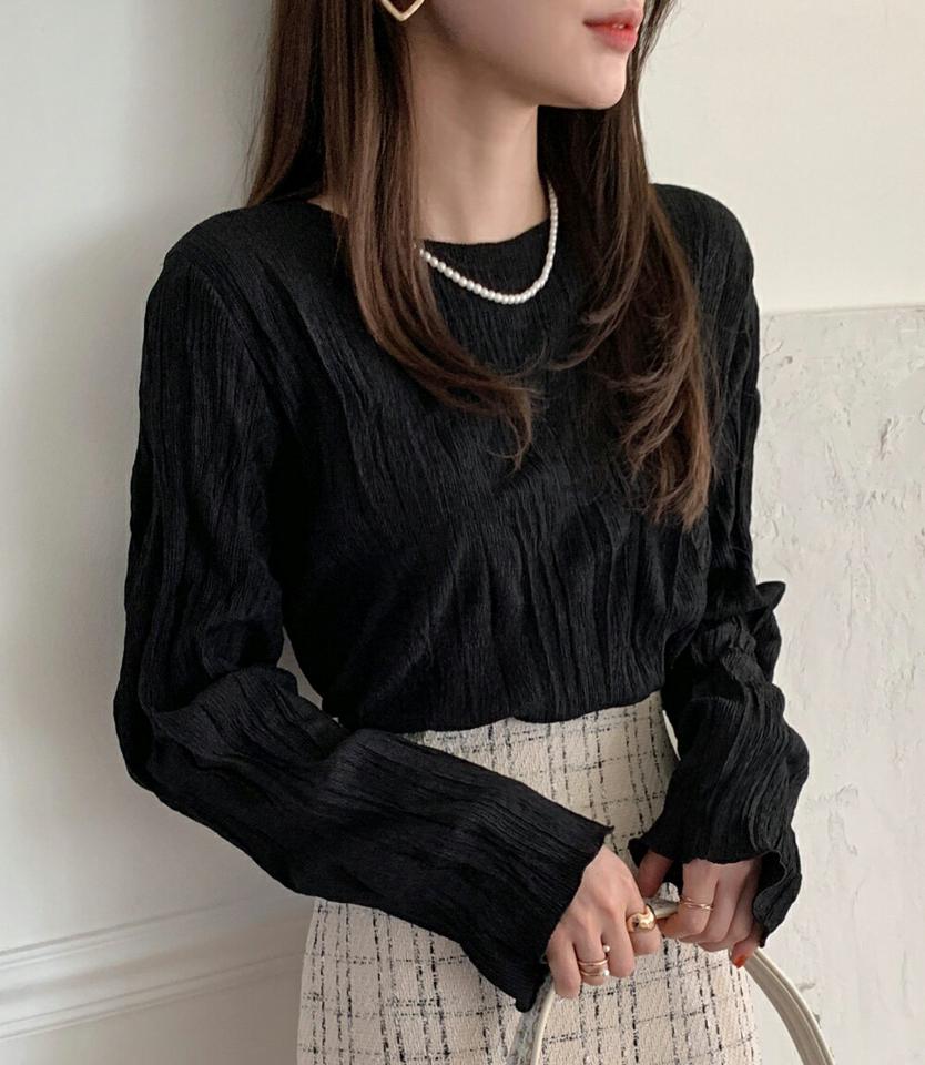 リンクルTシャツ・全3色・t00086 レディース 【tops】トップス Tシャツ 長袖 リンクル シンプル フェミニン ラウンドネック ドロップショルダー クロップド丈 春 秋 冬 韓国ファッション ハイホリHIHOLLI