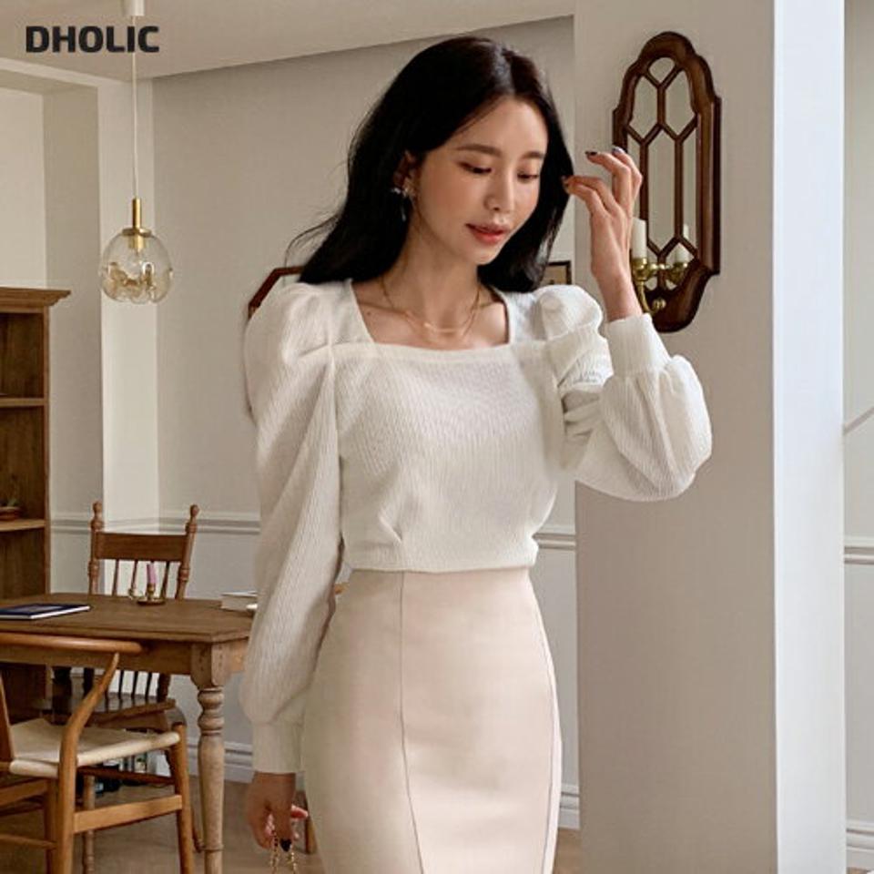 スクエアパフTシャツ・全4色・t00161 レディース 【tops】韓国ファッション トップス Tシャツ 大人 長袖 スクエアネック クロップド丈 デコルテ パフスリーブ シンプル 体型カバー 細身 フェミニン カジュアル 秋 冬