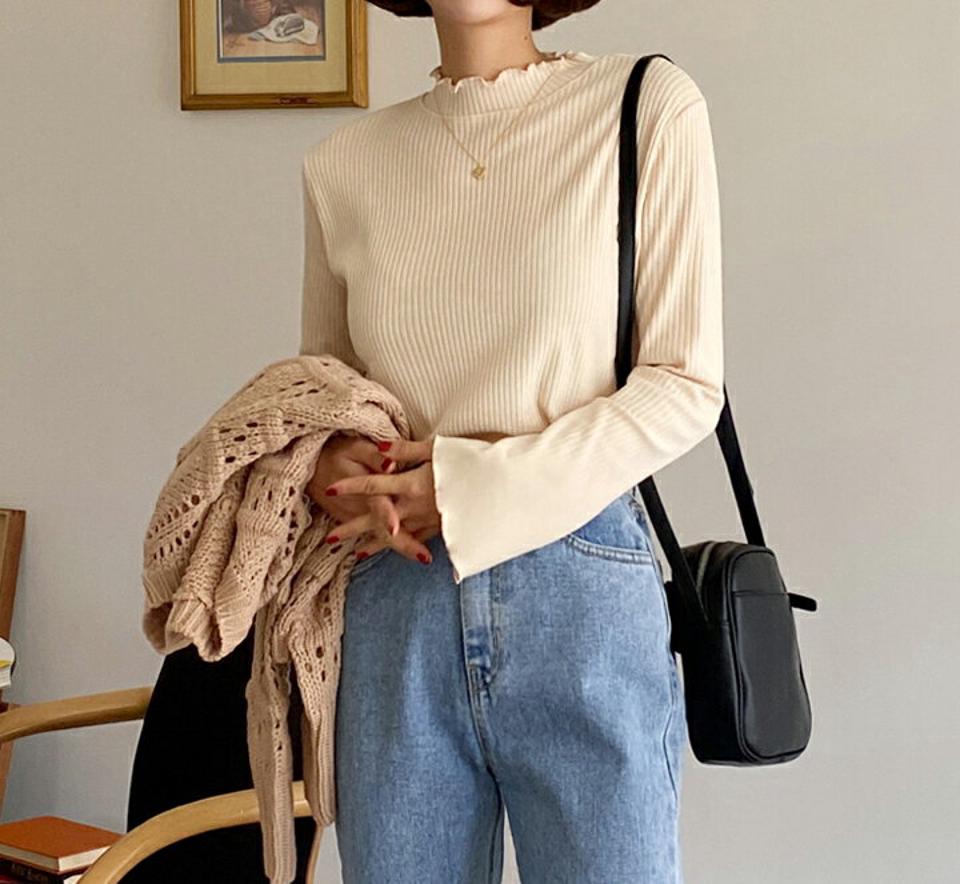 メロウリブTシャツ・全5色・t00165 レディース 【tops】韓国ファッション トップス Tシャツ 大人 長袖 ハーフネック メロウ ウェーブ リブ 無地 シンプル スリム パステル フェミニン カジュアル 秋 冬