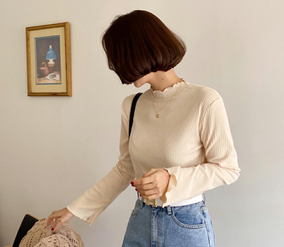 メロウリブTシャツ・全5色・t00165 レディース 【tops】韓国ファッション トップス Tシャツ 大人 長袖 ハーフネック メロウ ウェーブ リブ 無地 シンプル スリム パステル フェミニン カジュアル 秋 冬