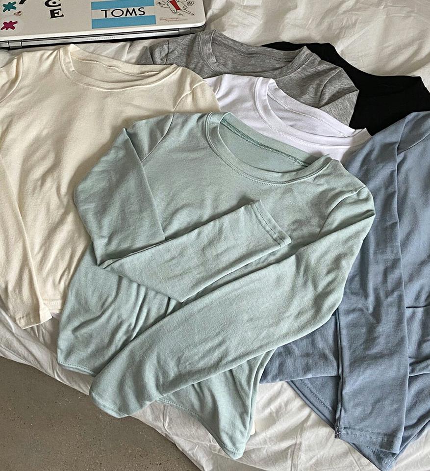 ラウンドネック長袖Tシャツ・全6色・t01950 レディース 【tops】韓国ファッション トップス Tシャツ 長袖 ラウンドネック スリム 無地 ベーシック くすみ パステル シンプル フェミニン カジュアル デイリー 秋 冬 NIJU