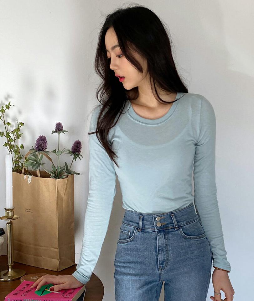 ラウンドネック長袖Tシャツ・全6色・t01950 レディース 【tops】韓国ファッション トップス Tシャツ 長袖 ラウンドネック スリム 無地 ベーシック くすみ パステル シンプル フェミニン カジュアル デイリー 秋 冬 NIJU