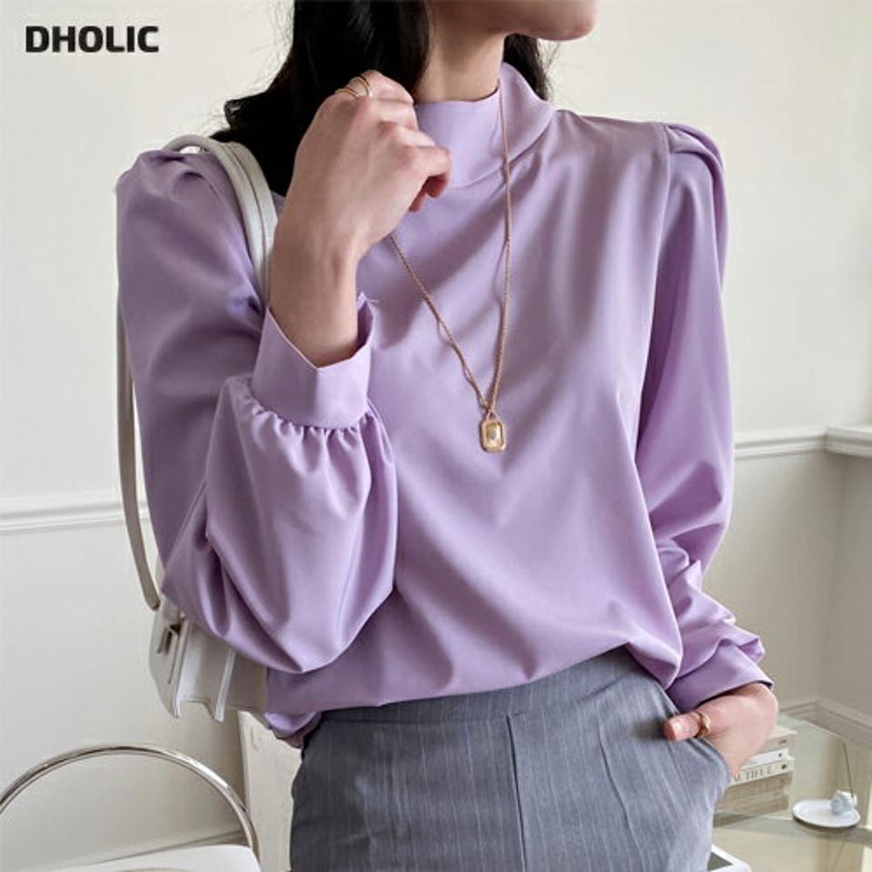 ハーフネックパフスリーブブラウス・全4色・t00085 レディース 【bl】トップス ブラウス 長袖 パフ袖 パフスリーブ 単色 無地 シンプル フェミニン 大人 きれいめ 春 秋 韓国ファッション ハイホリHIHOLLI