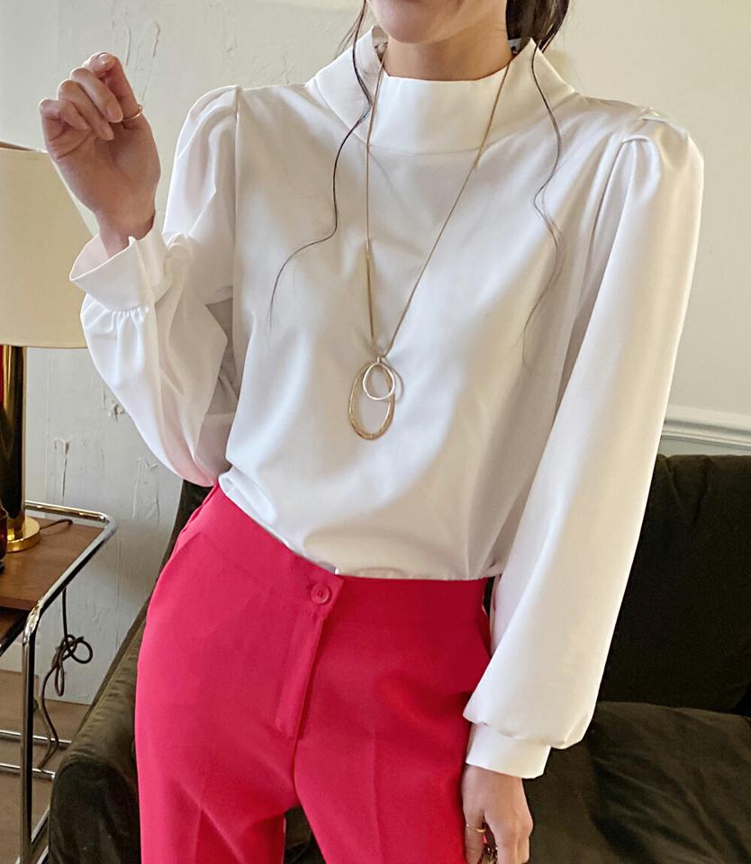 ハーフネックパフスリーブブラウス・全4色・t00085 レディース 【bl】トップス ブラウス 長袖 パフ袖 パフスリーブ 単色 無地 シンプル フェミニン 大人 きれいめ 春 秋 韓国ファッション ハイホリHIHOLLI