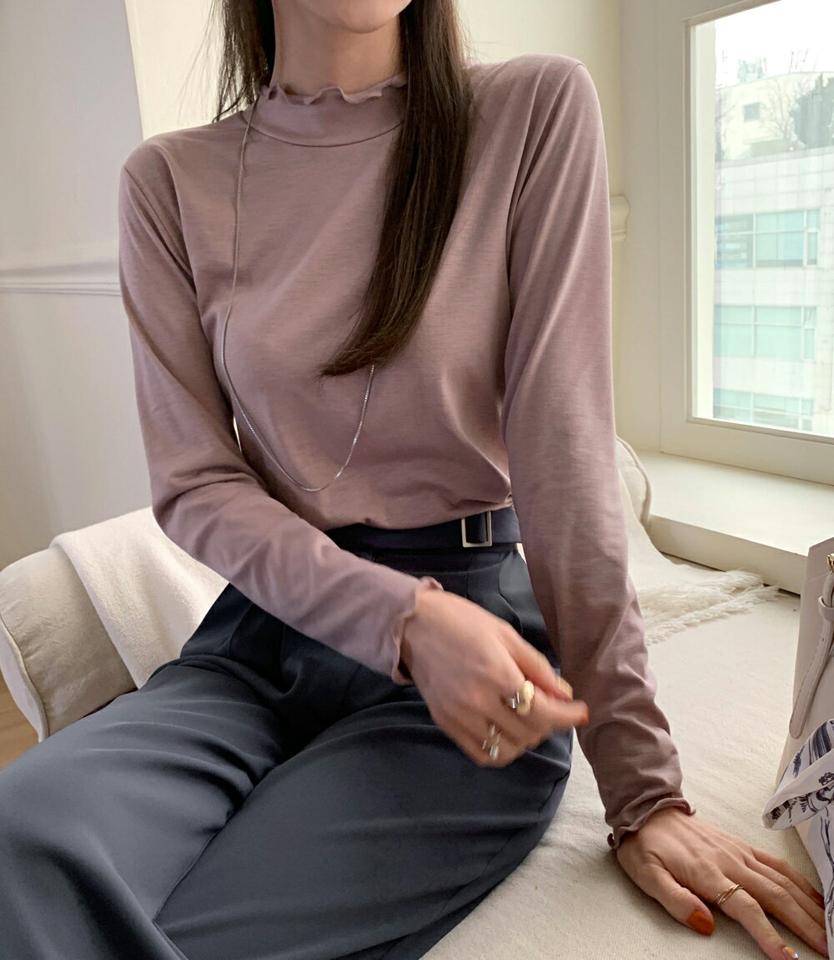 ウェーブラインハーフネックTシャツ・全6色・b00090 レディース 【tops】トップス Tシャツ 長袖 ハーフネック ウェーブ 単色 無地 シンプル かわいい カジュアル 大人 春 秋 冬 韓国ファッション ハイホリHIHOLLI