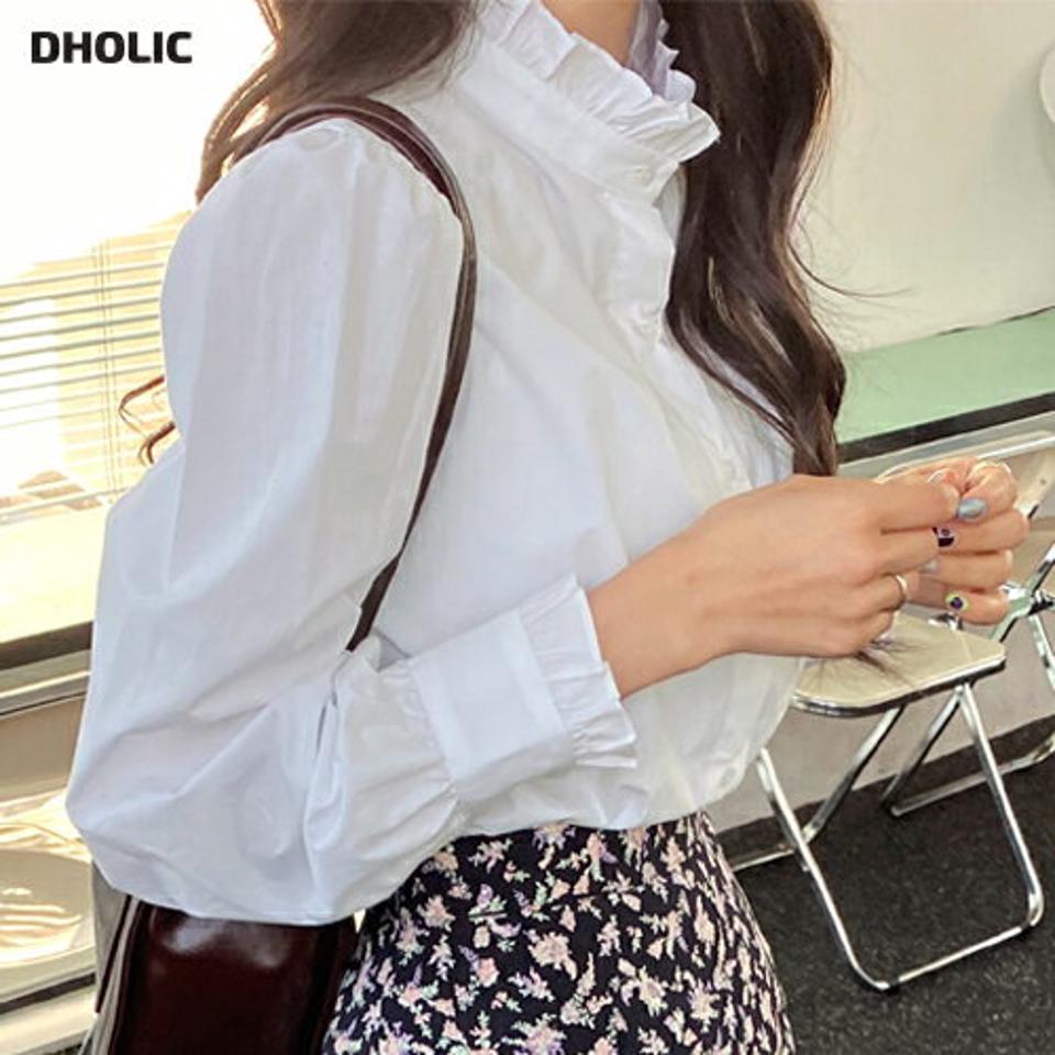 2TYPEフリルハーフネックブラウス・全2色・b66455 レディース 【bl】韓国ファッション トップス ブラウス 長袖 ハーフネック フリル ストライプ パフスリーブ ギャザー 無地 シンプル カジュアル フェミニン 体型カバー ガーリー 春 秋 冬