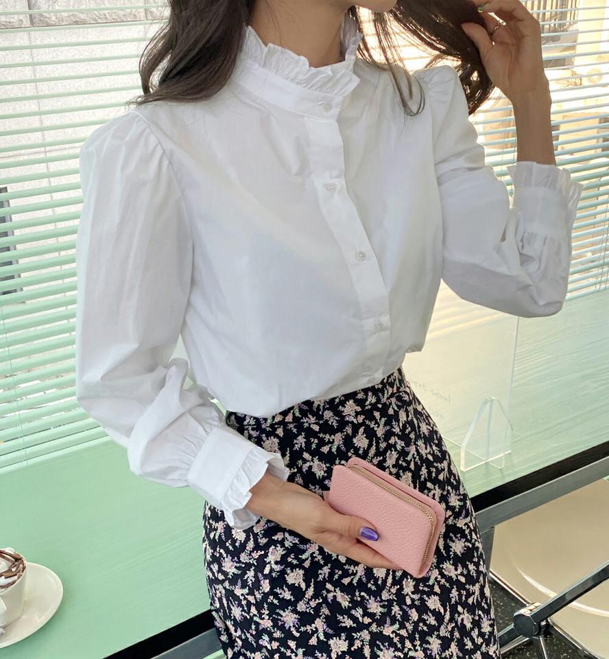 2TYPEフリルハーフネックブラウス・全2色・b66455 レディース 【bl】韓国ファッション トップス ブラウス 長袖 ハーフネック フリル ストライプ パフスリーブ ギャザー 無地 シンプル カジュアル フェミニン 体型カバー ガーリー 春 秋 冬