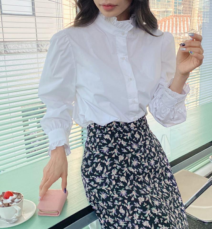 2TYPEフリルハーフネックブラウス・全2色・b66455 レディース 【bl】韓国ファッション トップス ブラウス 長袖 ハーフネック フリル ストライプ パフスリーブ ギャザー 無地 シンプル カジュアル フェミニン 体型カバー ガーリー 春 秋 冬