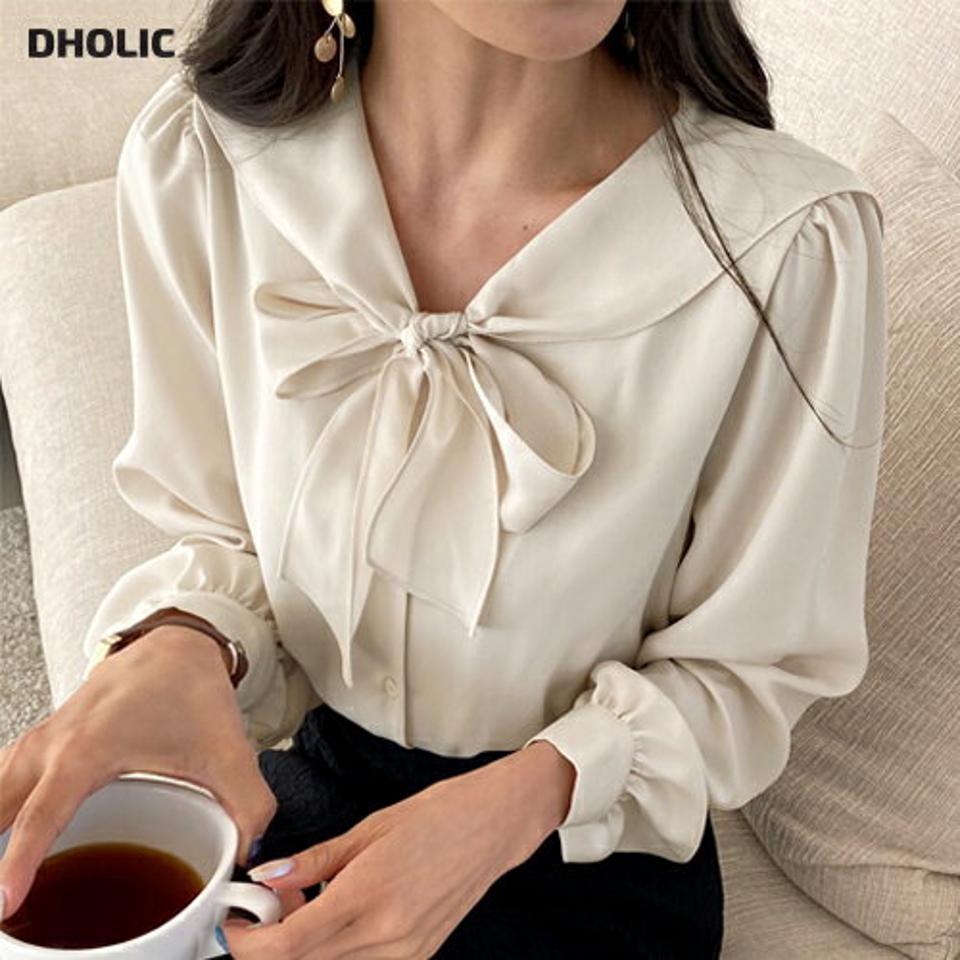 セーラーカラーリボンブラウス・全3色・t66384 レディース 【bl】韓国ファッション トップス ブラウス 長袖 Vネック 襟コンシャス セーラーカラー リボン ギャザー 無地 シンプル カジュアル フェミニン 体型カバー ガーリー 春 秋 冬