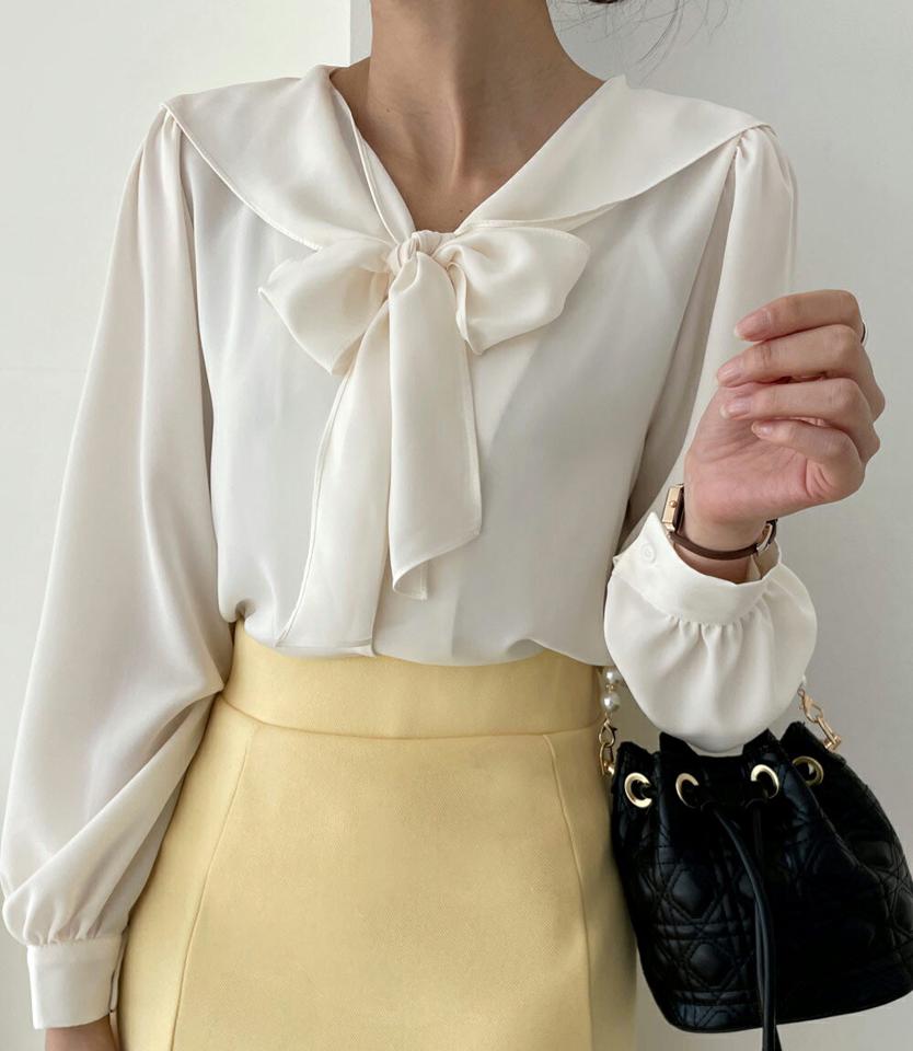 セーラーカラーリボンブラウス・全3色・t66384 レディース 【bl】韓国ファッション トップス ブラウス 長袖 Vネック 襟コンシャス セーラーカラー リボン ギャザー 無地 シンプル カジュアル フェミニン 体型カバー ガーリー 春 秋 冬