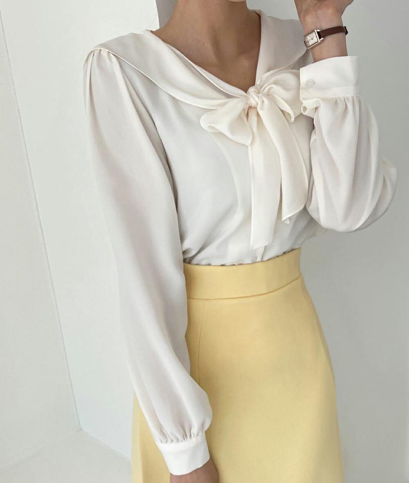 セーラーカラーリボンブラウス・全3色・t66384 レディース 【bl】韓国ファッション トップス ブラウス 長袖 Vネック 襟コンシャス セーラーカラー リボン ギャザー 無地 シンプル カジュアル フェミニン 体型カバー ガーリー 春 秋 冬