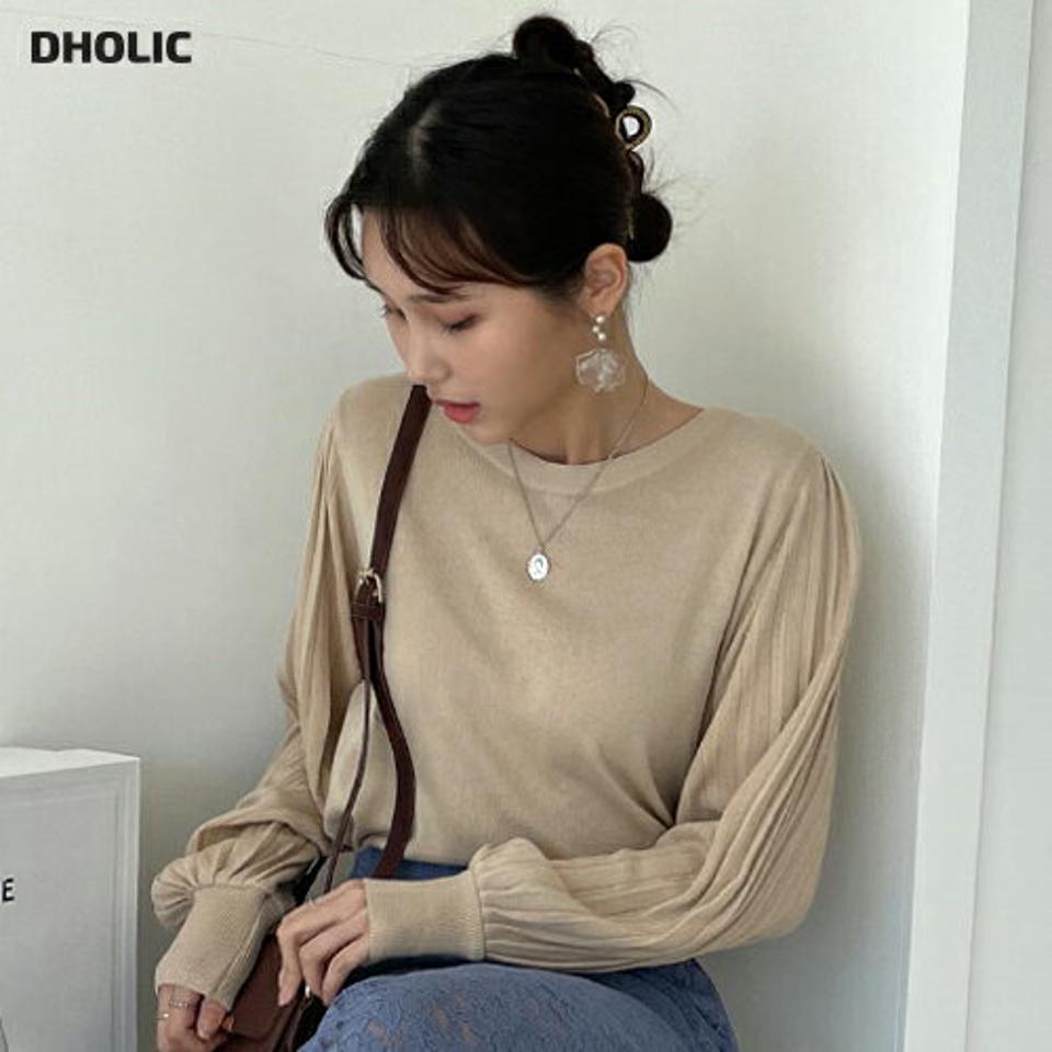 プリーツスリーブパフニット・全6色・b66382 レディース 【tops】韓国ファッション トップス ニット 大人 長袖 ラウンドネック プリーツスリーブ パフ レーヨン混 ルーズ 無地 シンプル フェミニン カジュアル デイリー 秋 冬 年上