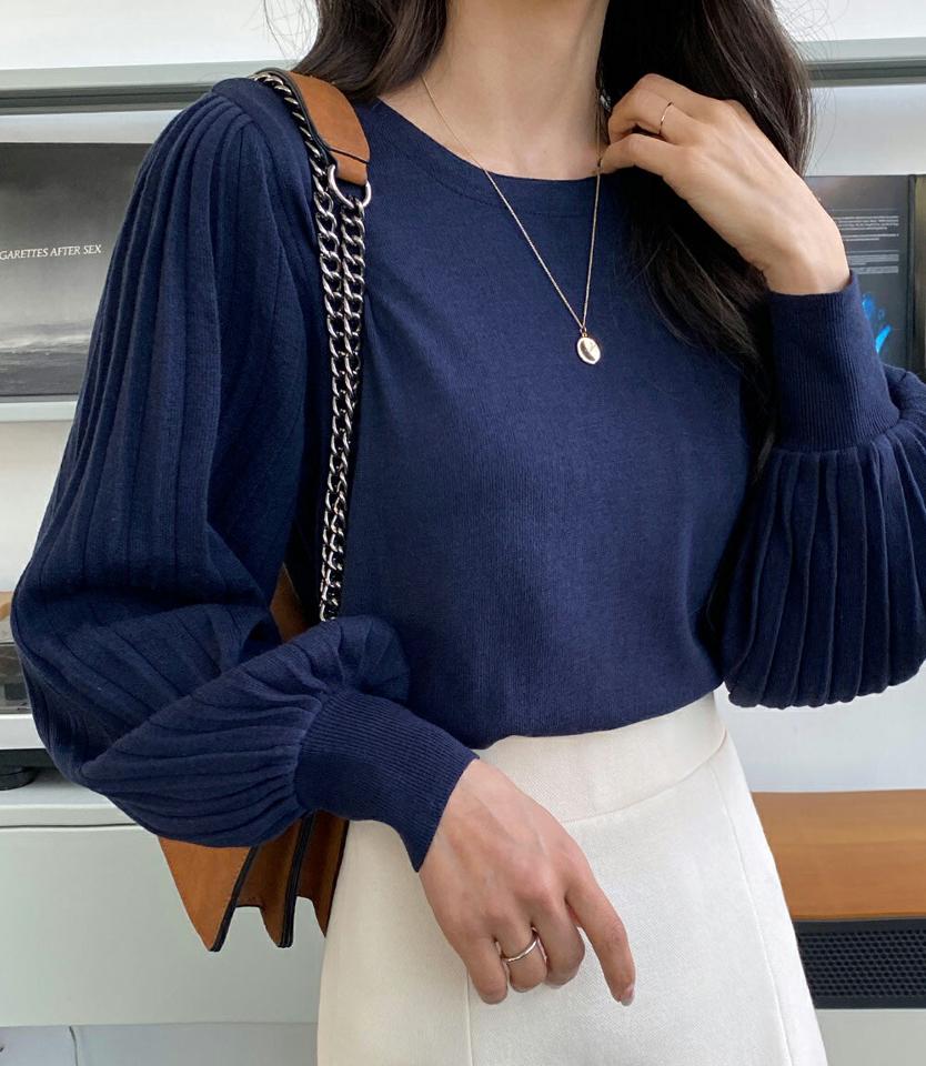 プリーツスリーブパフニット・全6色・b66382 レディース 【tops】韓国ファッション トップス ニット 大人 長袖 ラウンドネック プリーツスリーブ パフ レーヨン混 ルーズ 無地 シンプル フェミニン カジュアル デイリー 秋 冬 年上